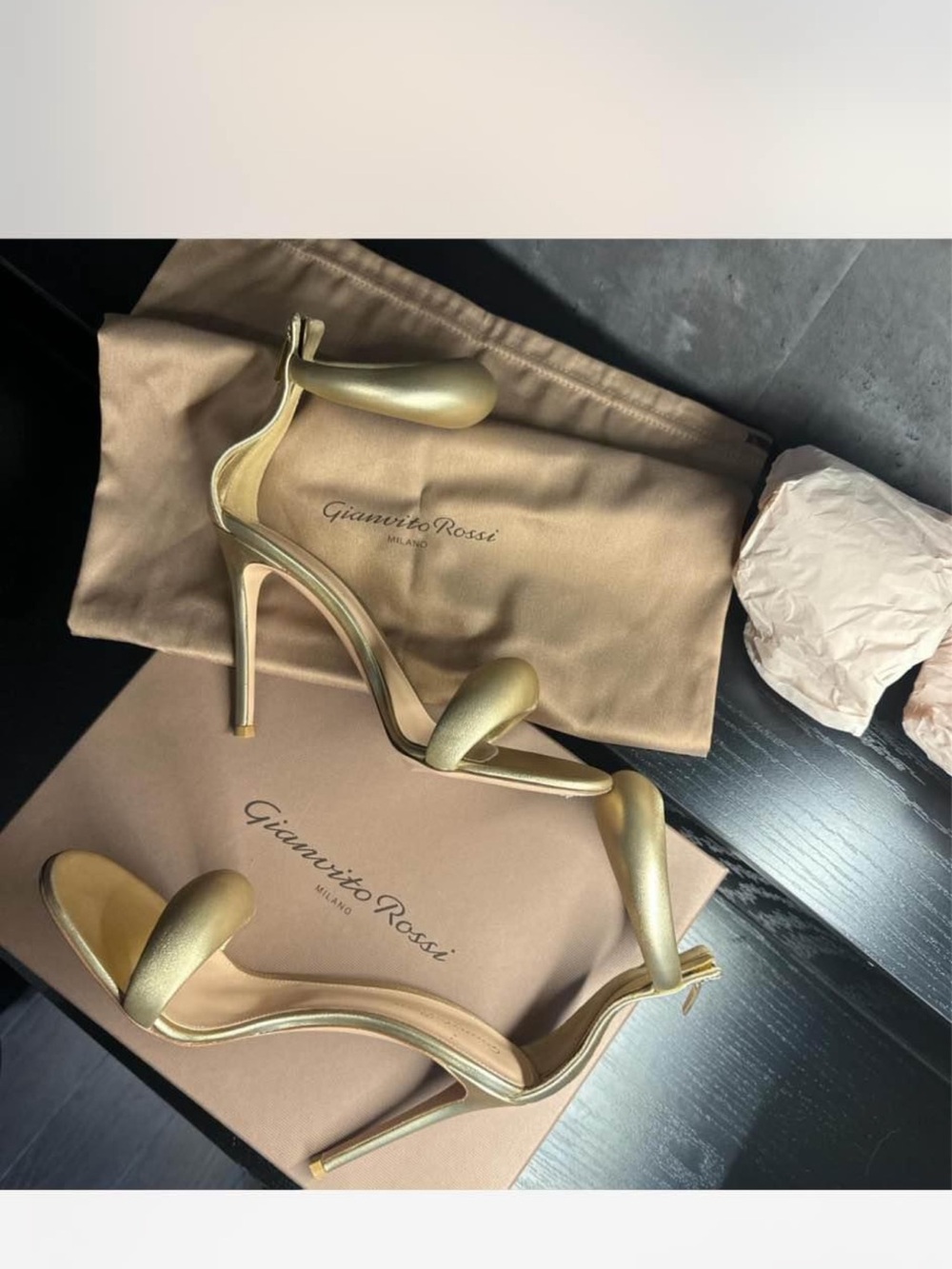 Gianvito Rossi Metallic Gold Sculptural Strap Stiletto Sandals